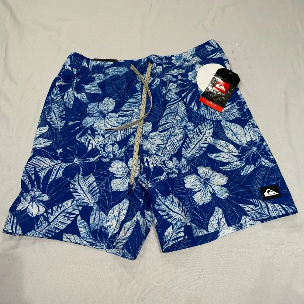 Quiksilver Mens Swim Volley Shorts Blue Floral Hibiscus 7 Inch Inseam Small NWT